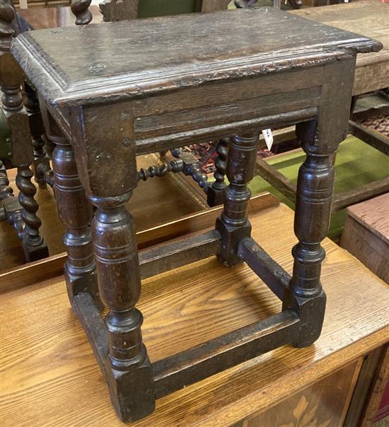 A 17th century oak joint stool (faults), width 43cm, depth 26cm, height 52cm